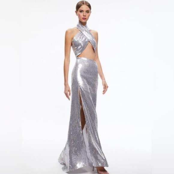 Alice + Olivia May Halter Neck Silver Sequin Maxi Gown - Picture 2 of 13